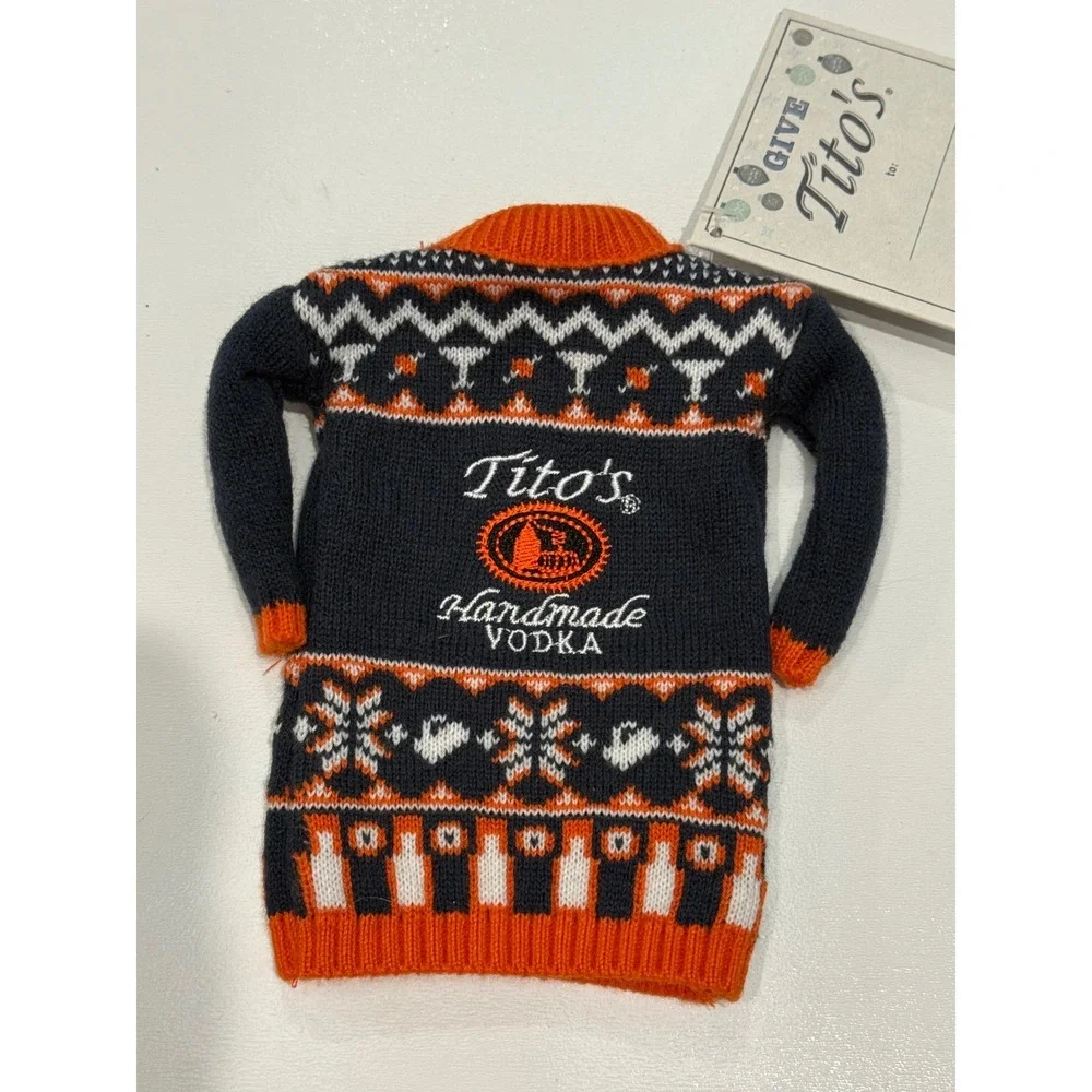 Titos Handmade Vodka Holiday Bottle Sweater Fair Isle Navy Orange White Mini